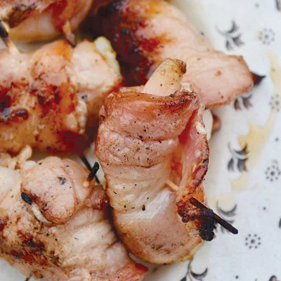 Wood-fired, bacon-wrapped shrimp