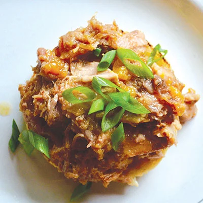Pork picnic shoulder with peaches and bourbon