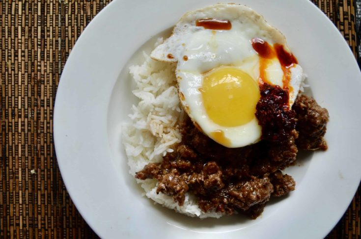 Chili ginger beef with rice and eggs.