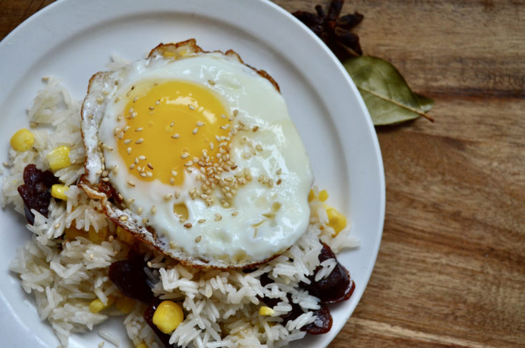 Rice with chinese sausage, corn, and eggs