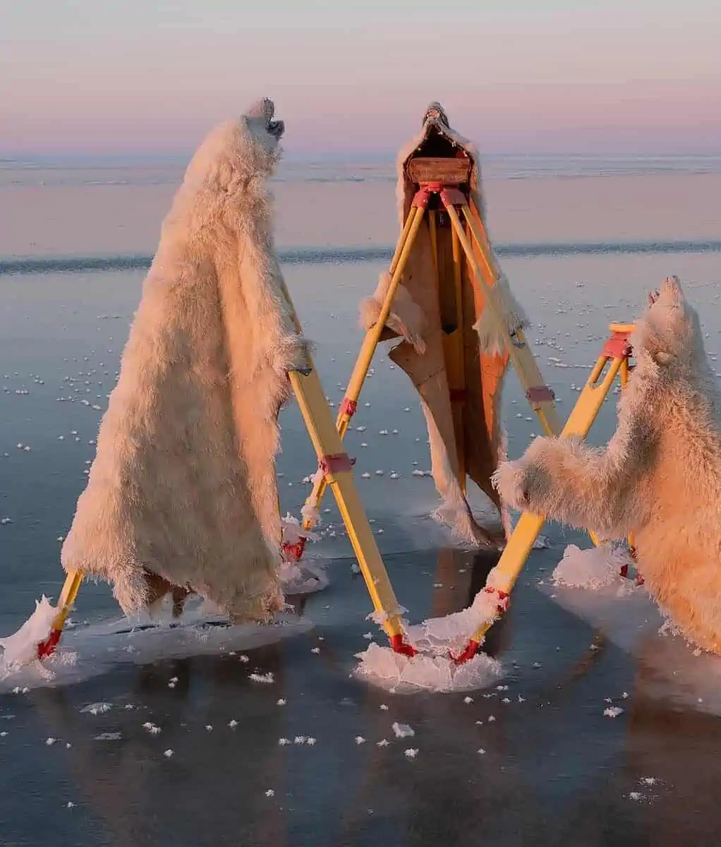 Three polar bear skins in an art exhibit on a frozen lake
