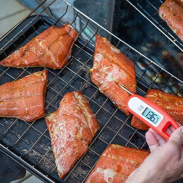 Using a thermometer to check the temperature of cooked fish