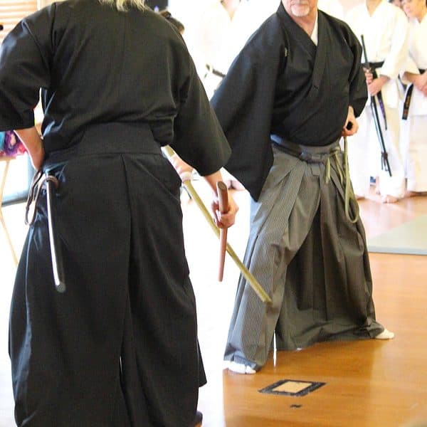 Two men demonstrating sword fighting