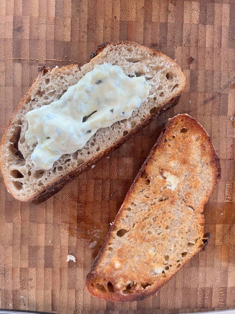 Tartar sauce on toasted bread