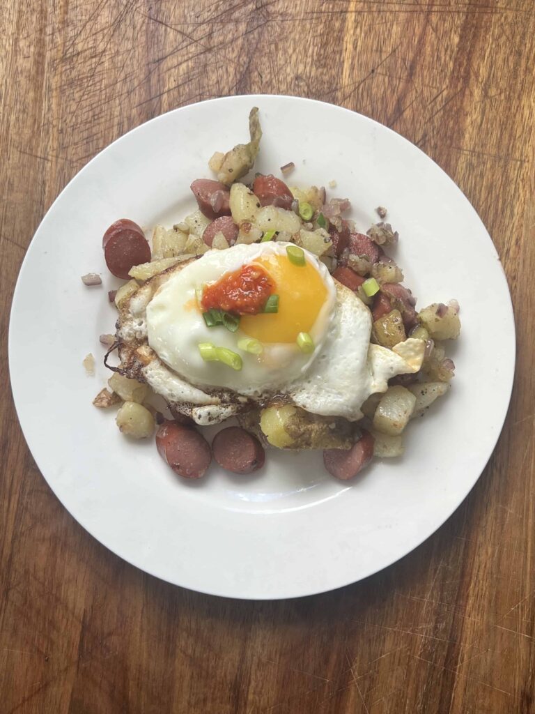Hot Dog, Red Onion and Russet-potato Hash