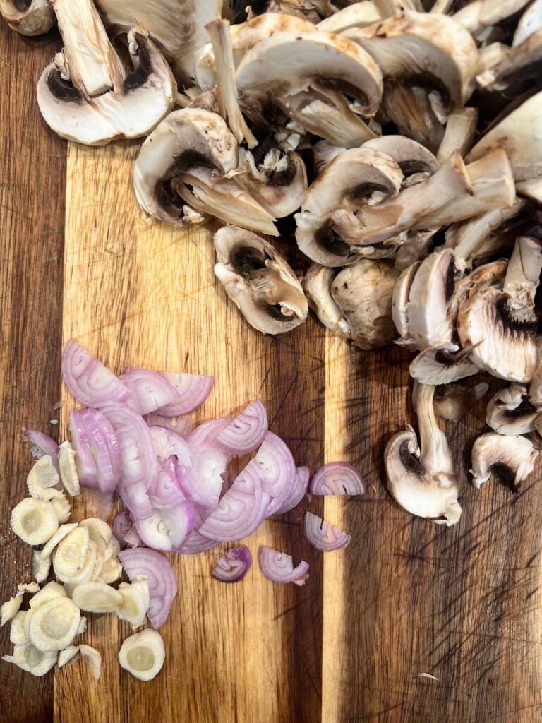 Shallots, garlic and mushrooms