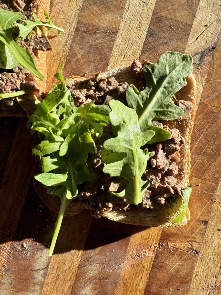 Chicken Liver Toasts with Brandy and Arugula